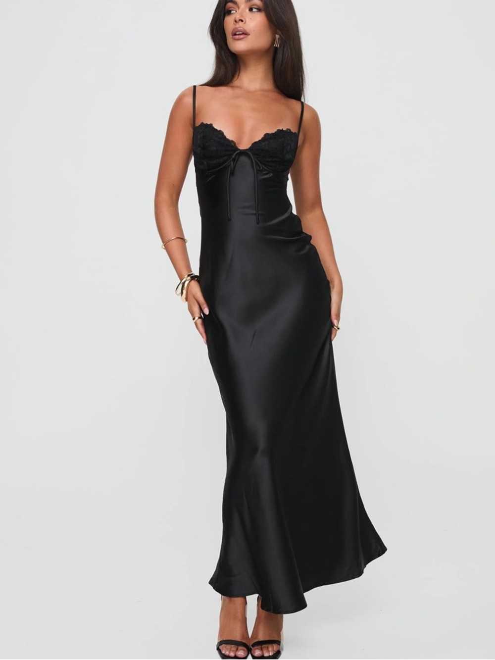 Black Satin Lace-Trim Slip Dress - Women